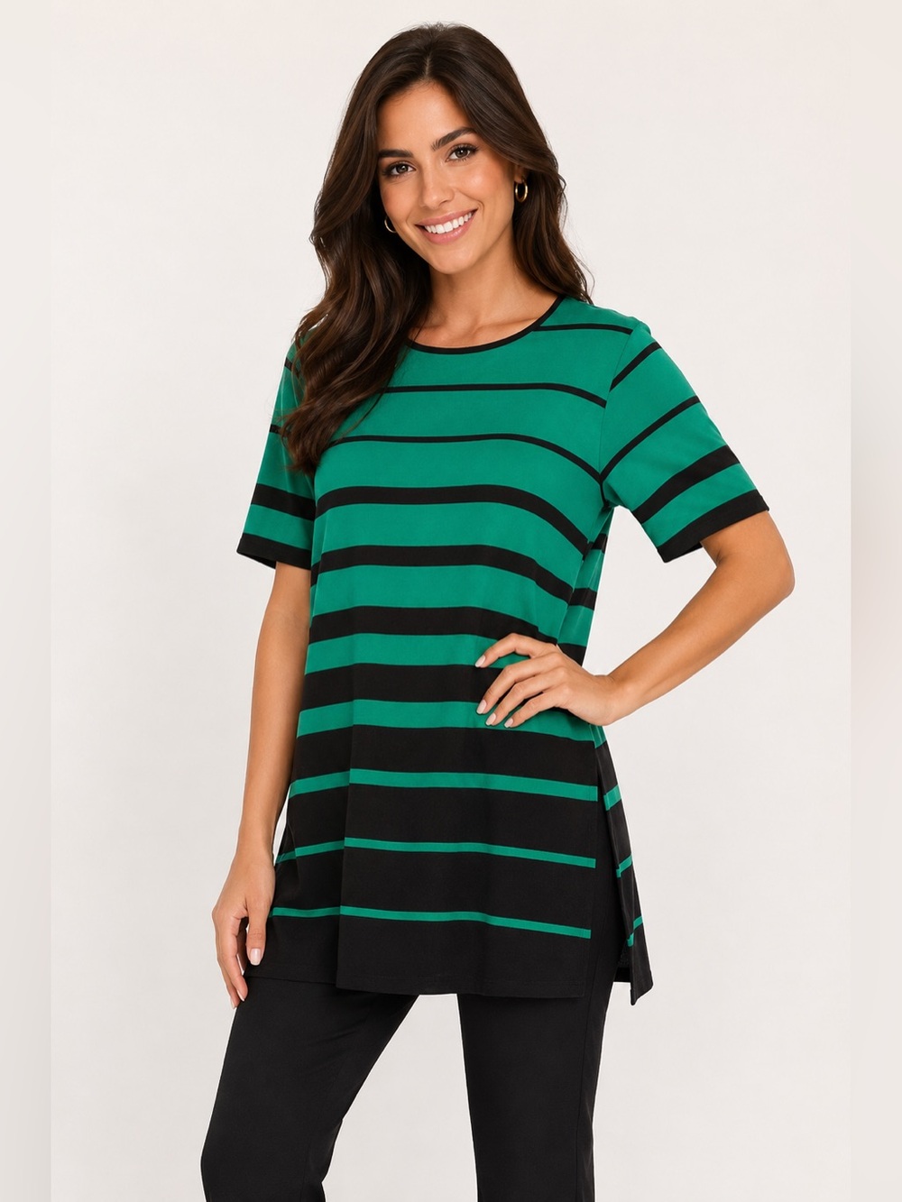 Exclusively Misook L Emerald Green + Black Abstract Stripe Longline Tunic Top